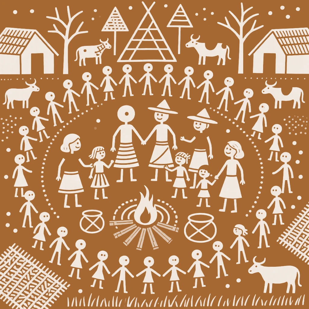 A composition centered on a grand family gathering gathered around by the entire village community.