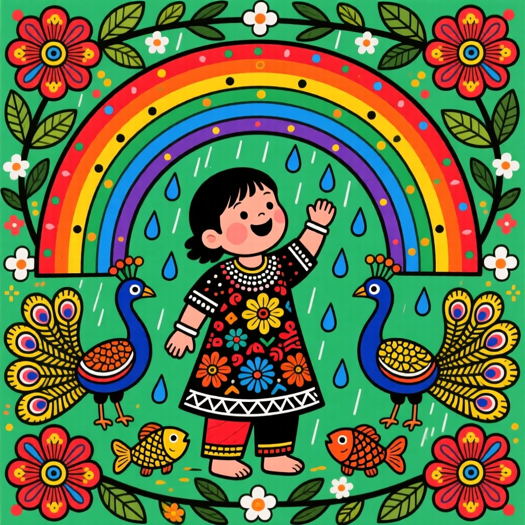 A child discovering a rainbow after a gentle summer rain.