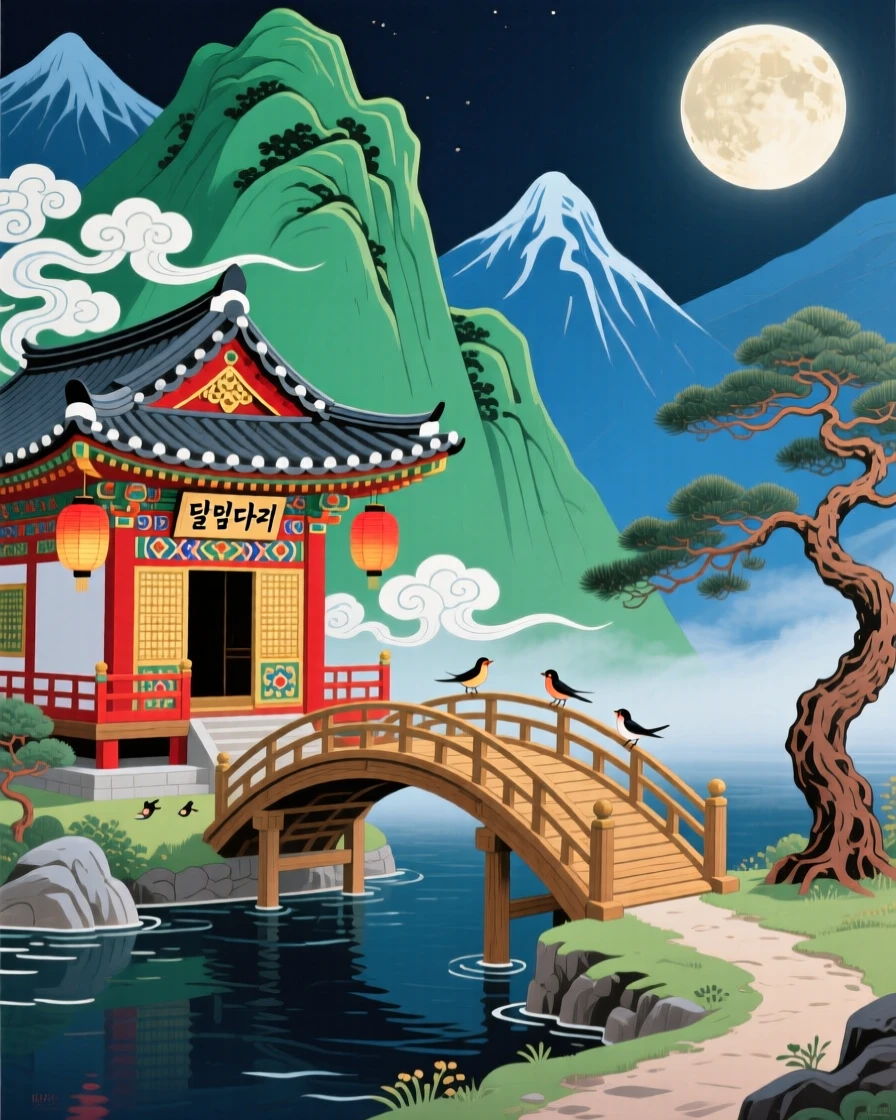 A mountain shrine reachable only by a bridge that appears at moonrise.