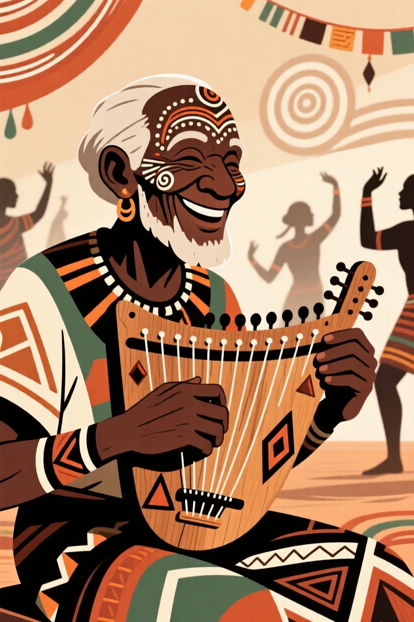 An elder playing a thumb piano performing at a wedding celebration.