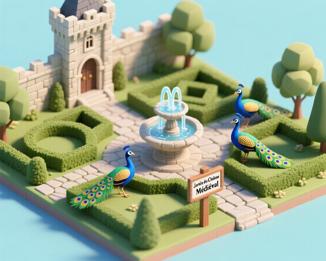 A medieval French chateau garden with meticulously trimmed hedges, a fountain centerpiece, and peacocks strolling the grounds.