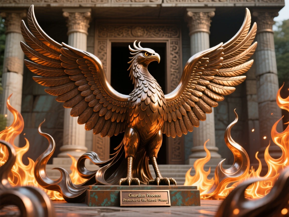 A guardian phoenix shielding a temple from flame, bathed in ethereal, otherworldly glow, radiating awe and grandeur