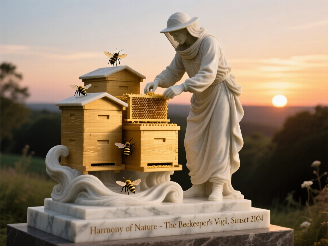 An evocative depiction of a beekeeper tending golden hives at sunset, surrounded by soft, glowing light, balancing detail with emotional depth