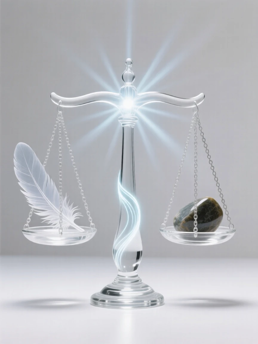 A set of scales balanced perfectly between a feather and a stone while light seems to pulse gently outward from the center