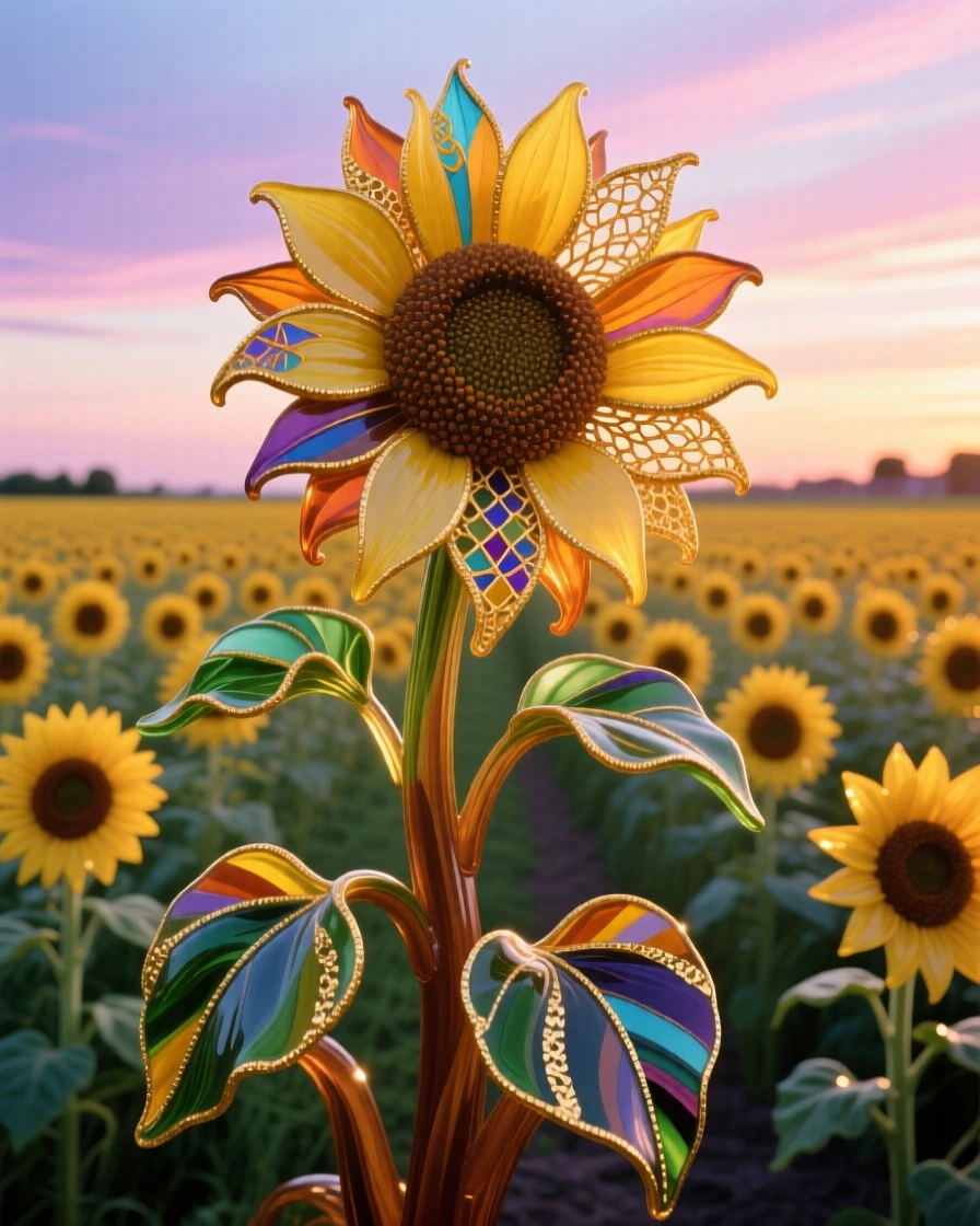 A field of blooming sunflowers arranged in perfect rows beneath the last light of a summer sky, cheerful and radiant.