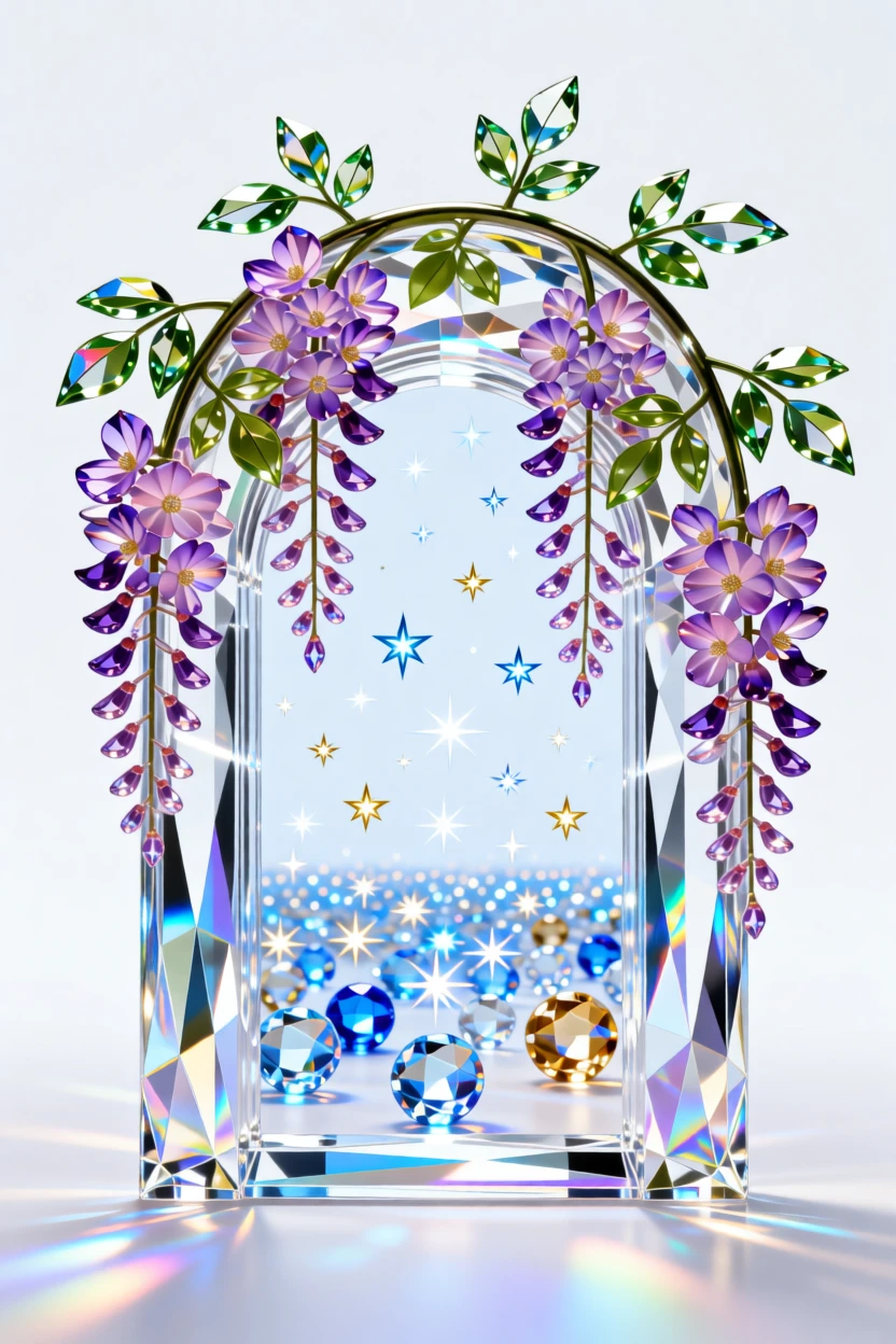 A surreal doorway of blooming wisteria opening onto a field of stars.