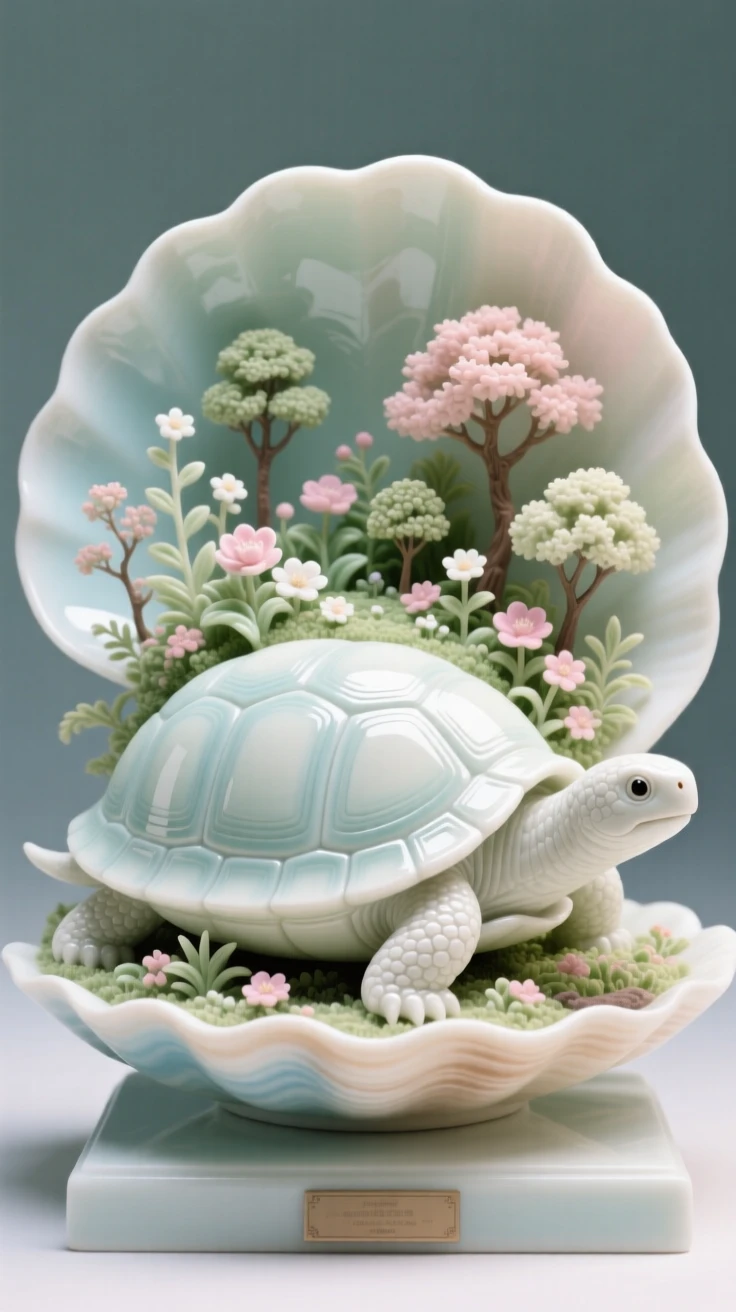 A dreamlike scene of a garden growing on the back of a giant tortoise, blending quiet realism with pure wonder.