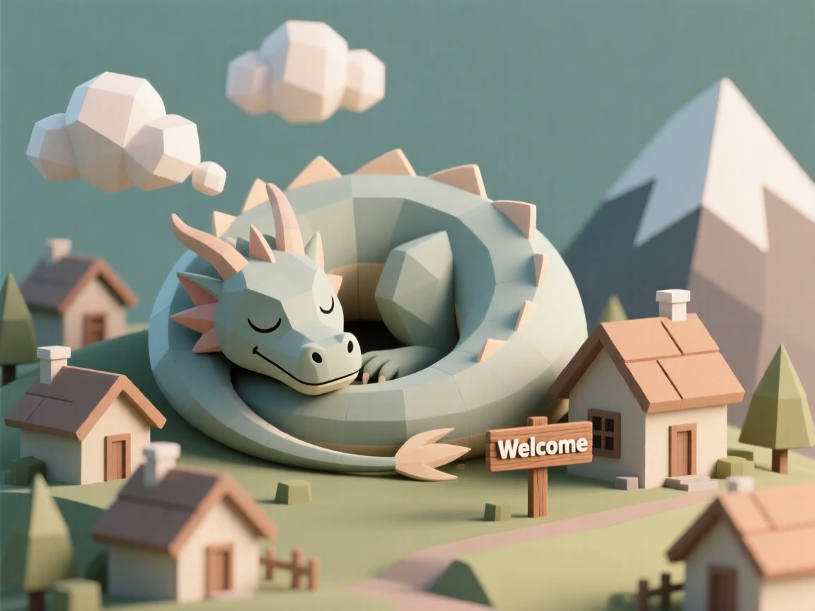 A gentle old dragon naps curled around a mountain village, gently warming the rooftops with slow, steady breaths.