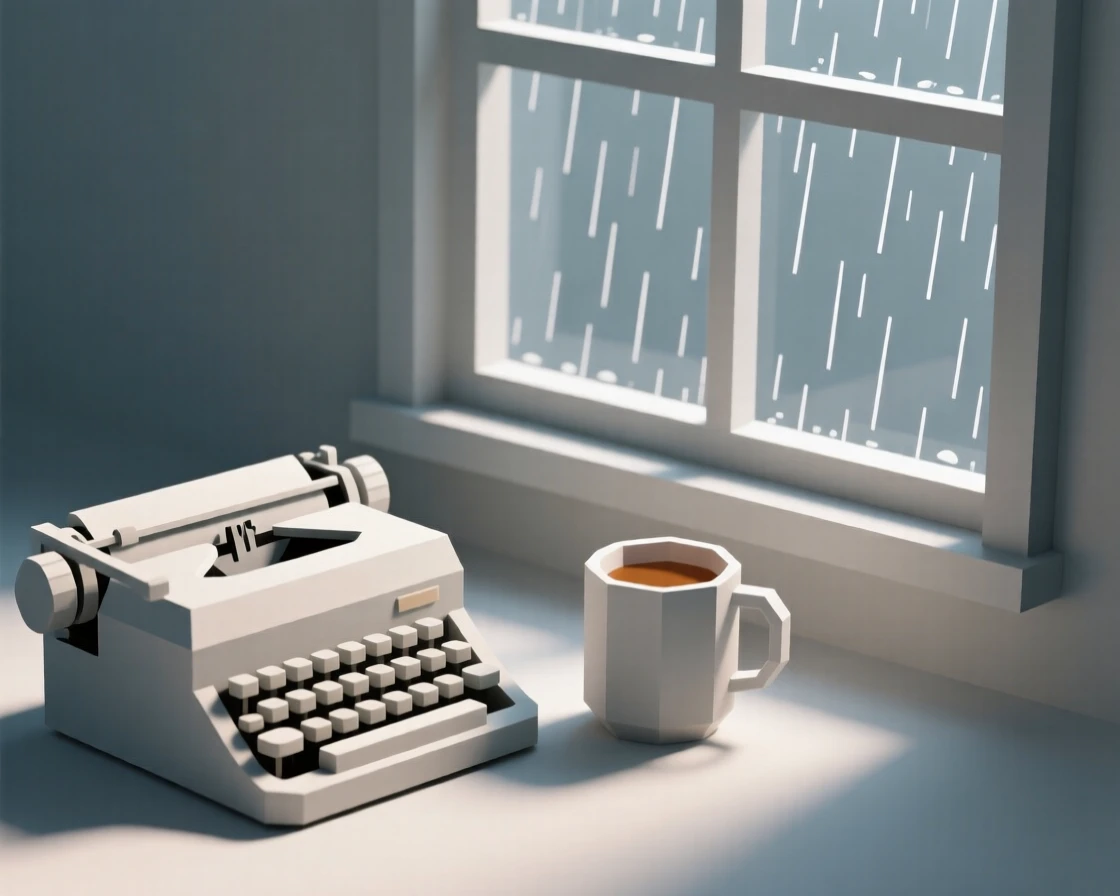 A vintage typewriter beside a cup of tea, beside a rain-streaked window. soft directional light creates gentle shadows. It evokes a feeling of gentle nostalgia.