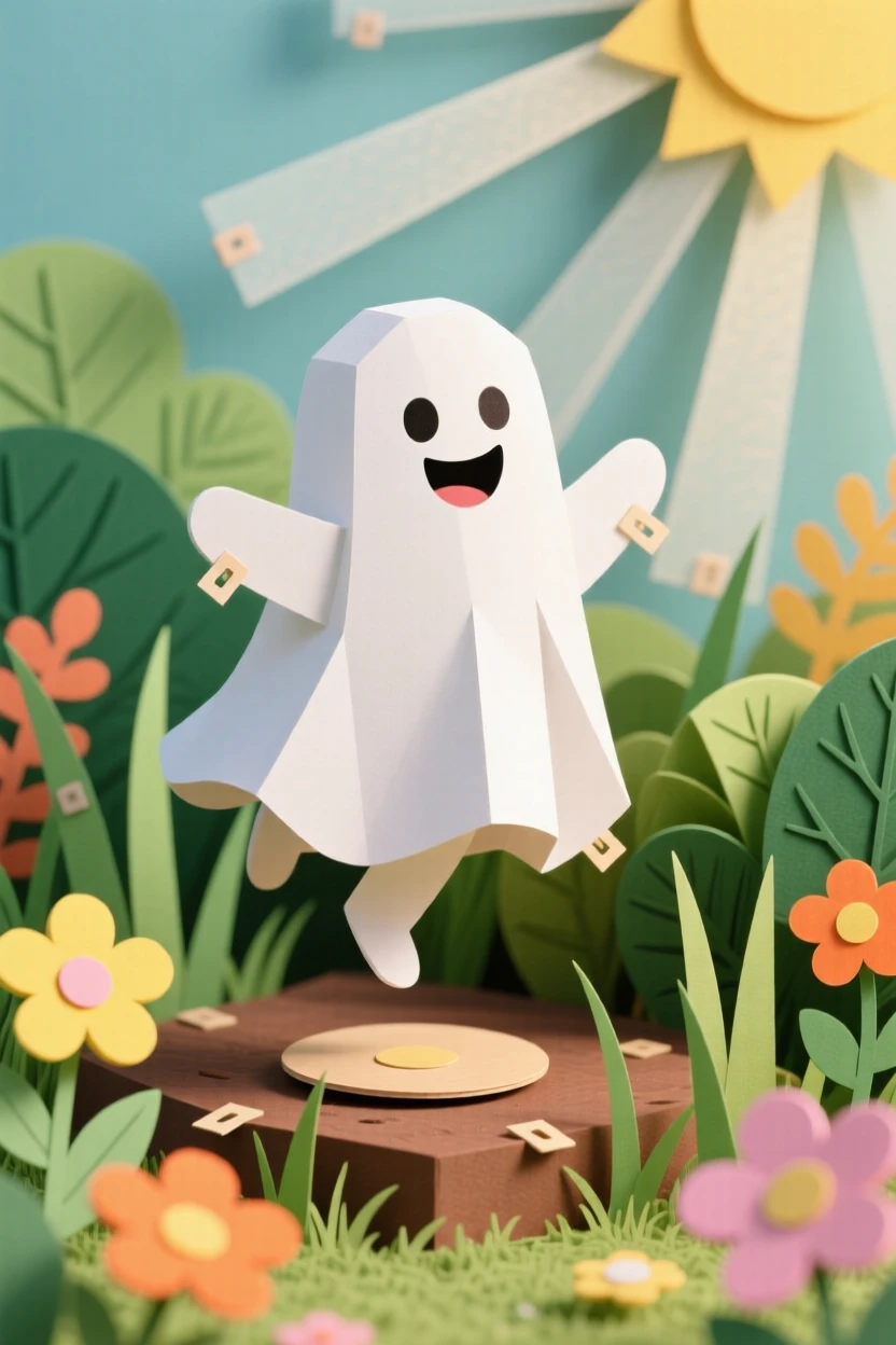 A friendly ghost with a big smile bouncing through a sunlit garden, with a soft warm glow surrounding it, capturing pure adorable innocence.