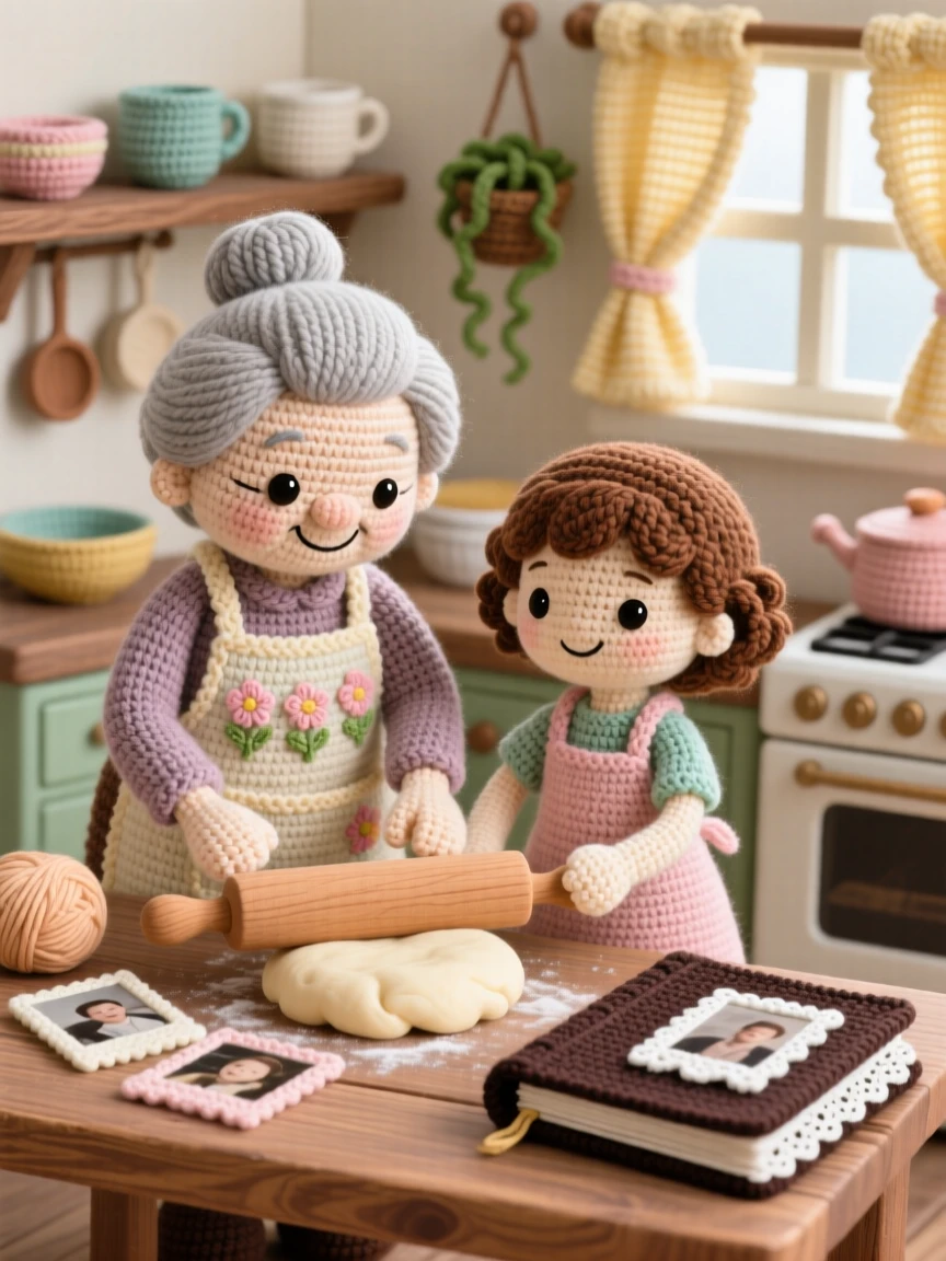a grandmother teaching her granddaughter to bake, both wearing matching aprons, is captured rolling out dough together at a wooden table in a cozy kitchen filled with the smell of home cooking beside a worn but beloved family photo album, showing the simple joy of everyday family life.