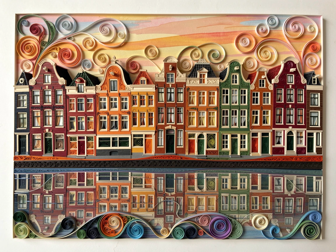 A breathtaking view of the colorful canal houses of Amsterdam at dusk beneath a sky painted in soft sunset gradients, in warm golden and rose-colored sunset tones, shown reflected symmetrically in calm water below.