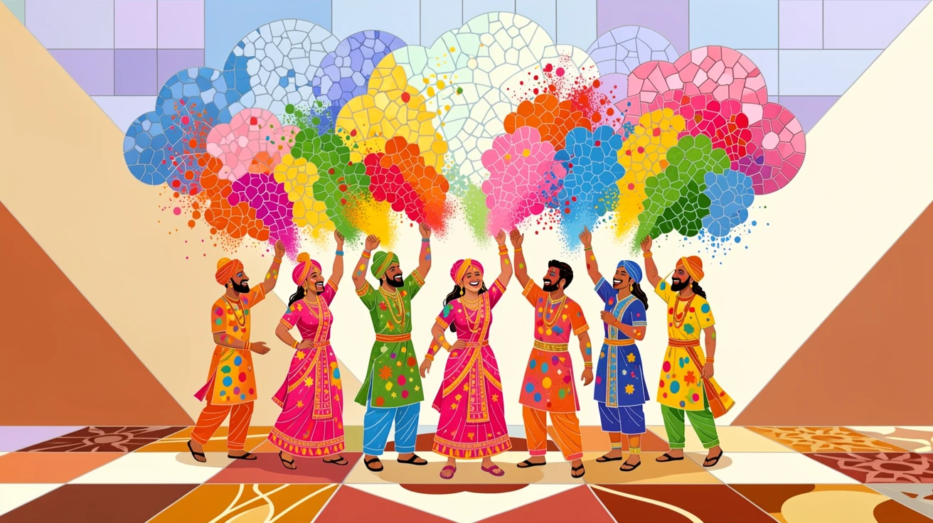 A vibrant, festive scene of a colorful Holi festival with clouds of bright powder filling the air, rich in color and cultural detail.