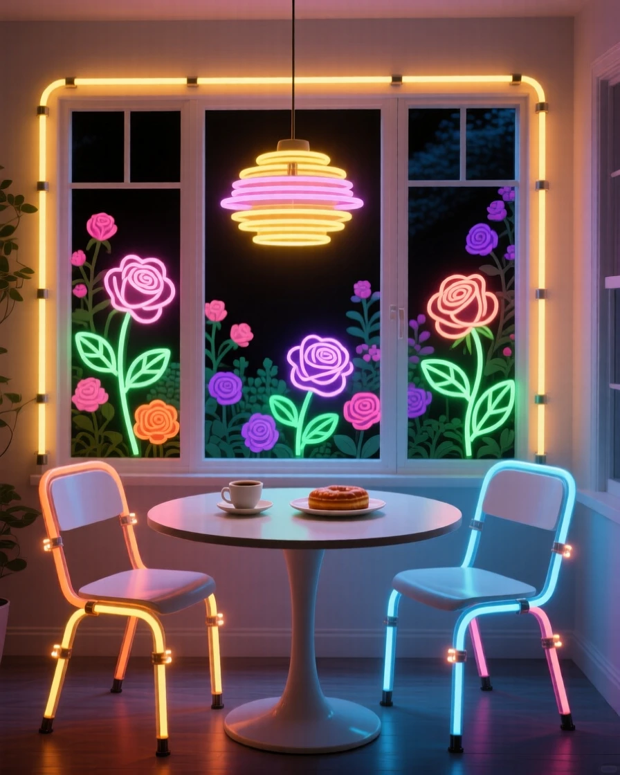 A sunroom breakfast nook overlooking a blooming garden.