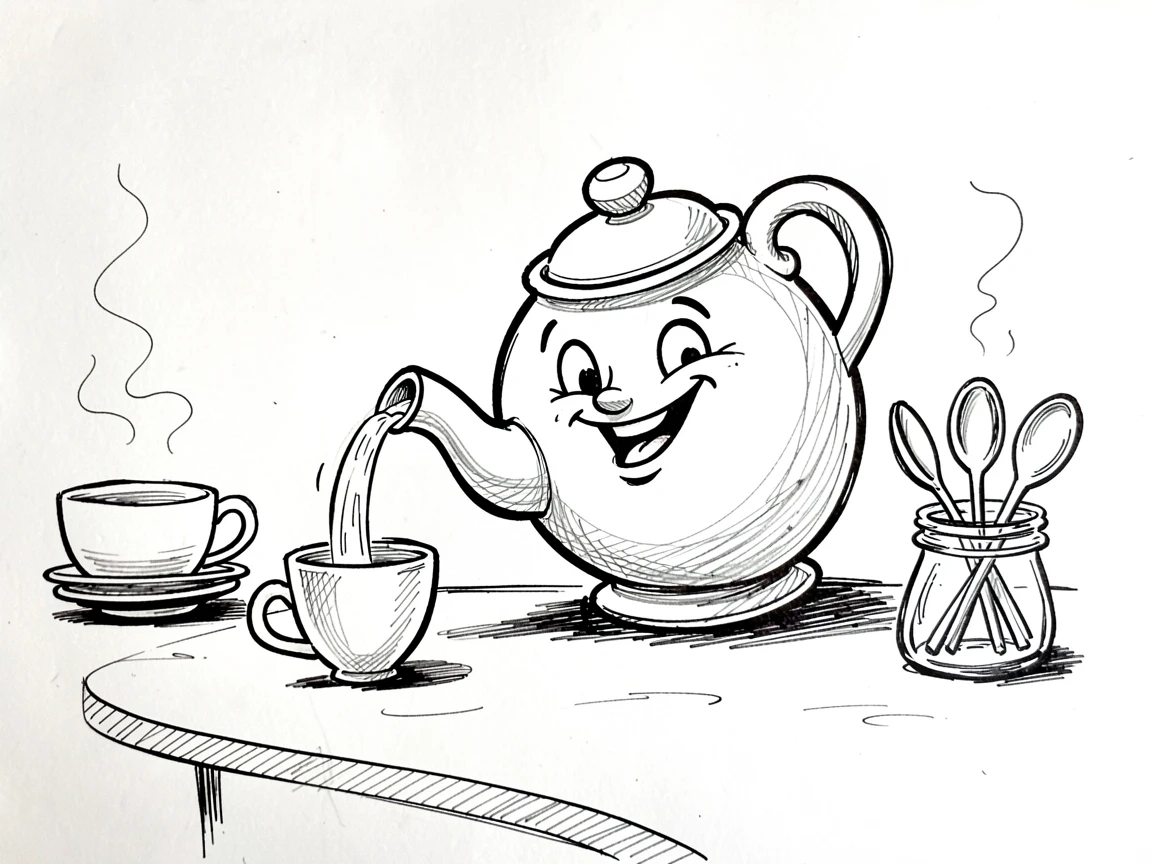A teapot with a cheerful smiling face pouring tea in a cozy kitchen corner.