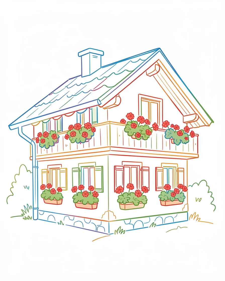 A quiet mountain chalet with window boxes overflowing with geraniums.