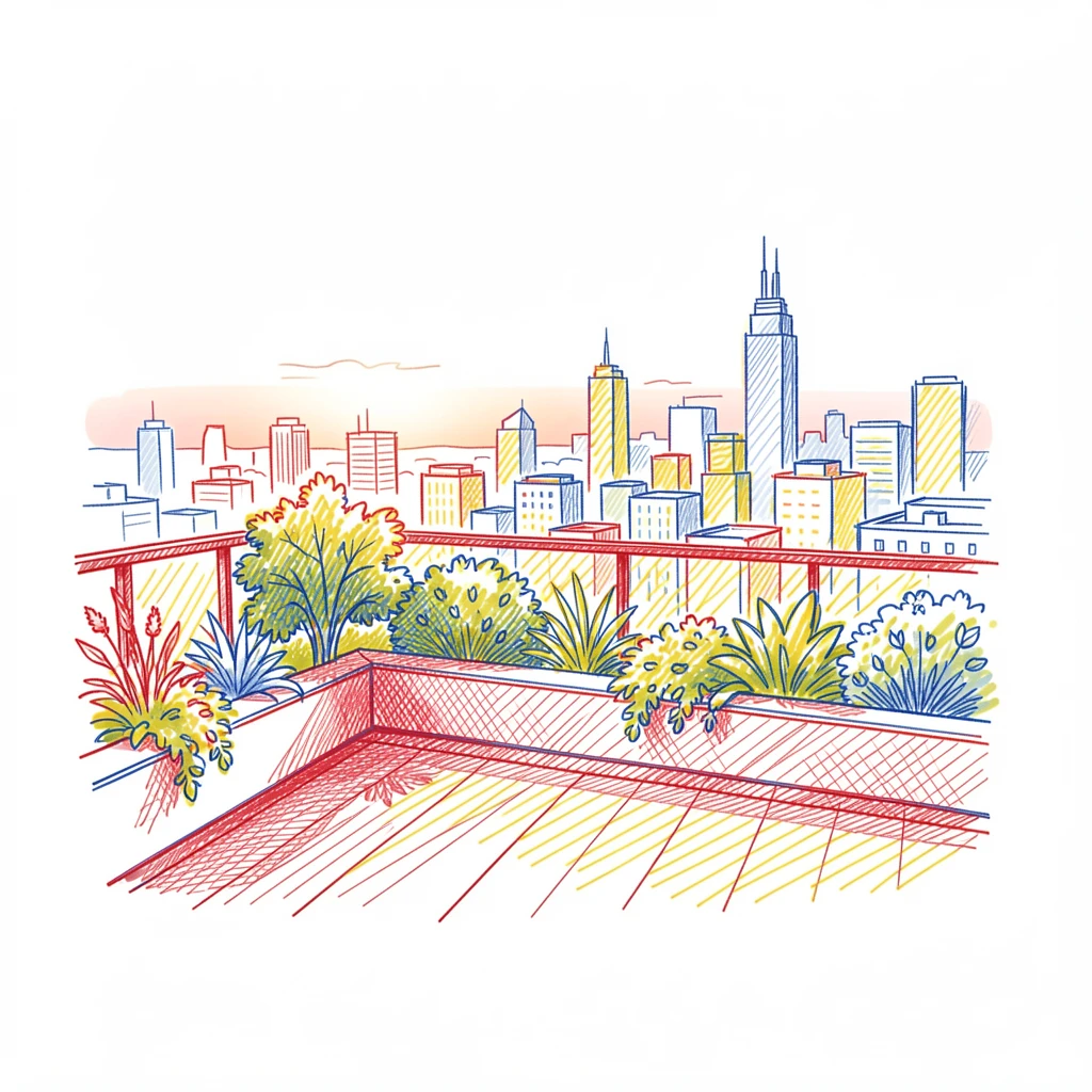 A quiet rooftop garden overlooking a sprawling city skyline at dusk