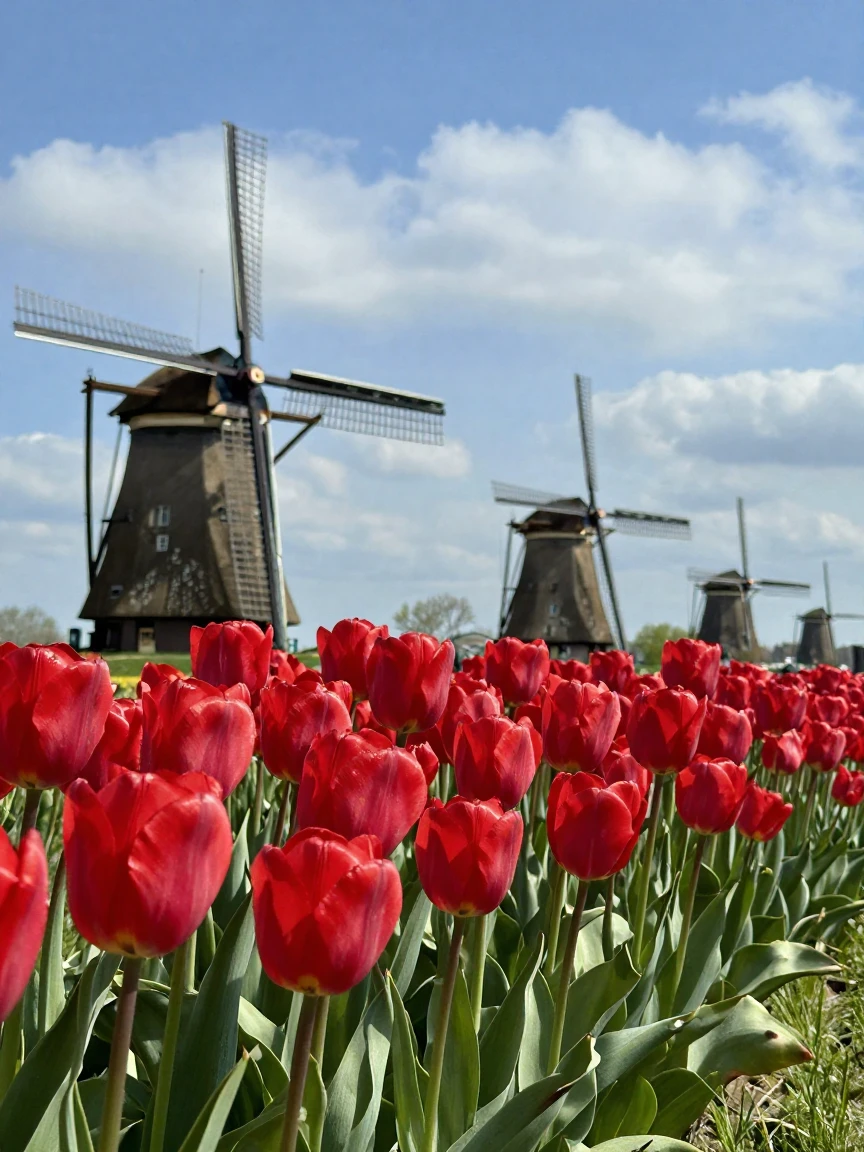 A row of red tulips against a backdrop of windmills
