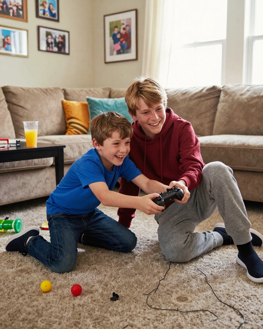 Two brothers wrestle playfully over a video game controller on a living room floor.
