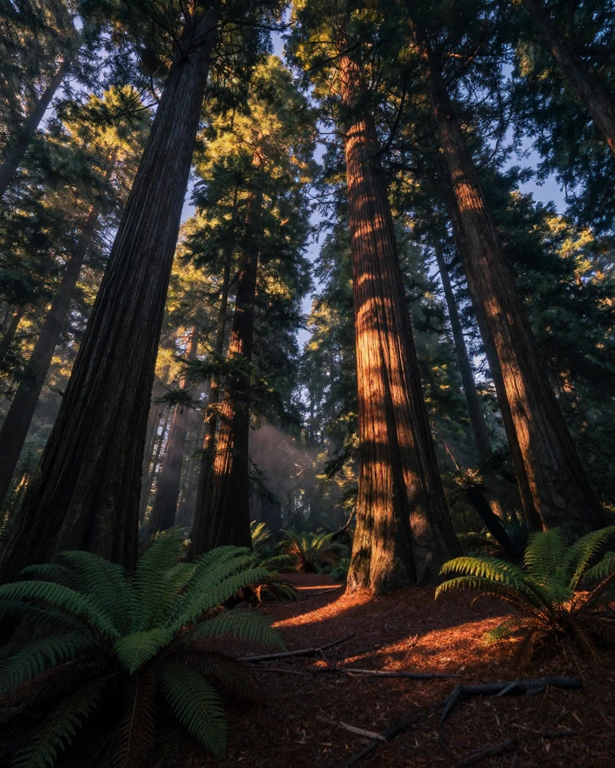 A dense forest of ancient redwoods as evening shadows lengthen