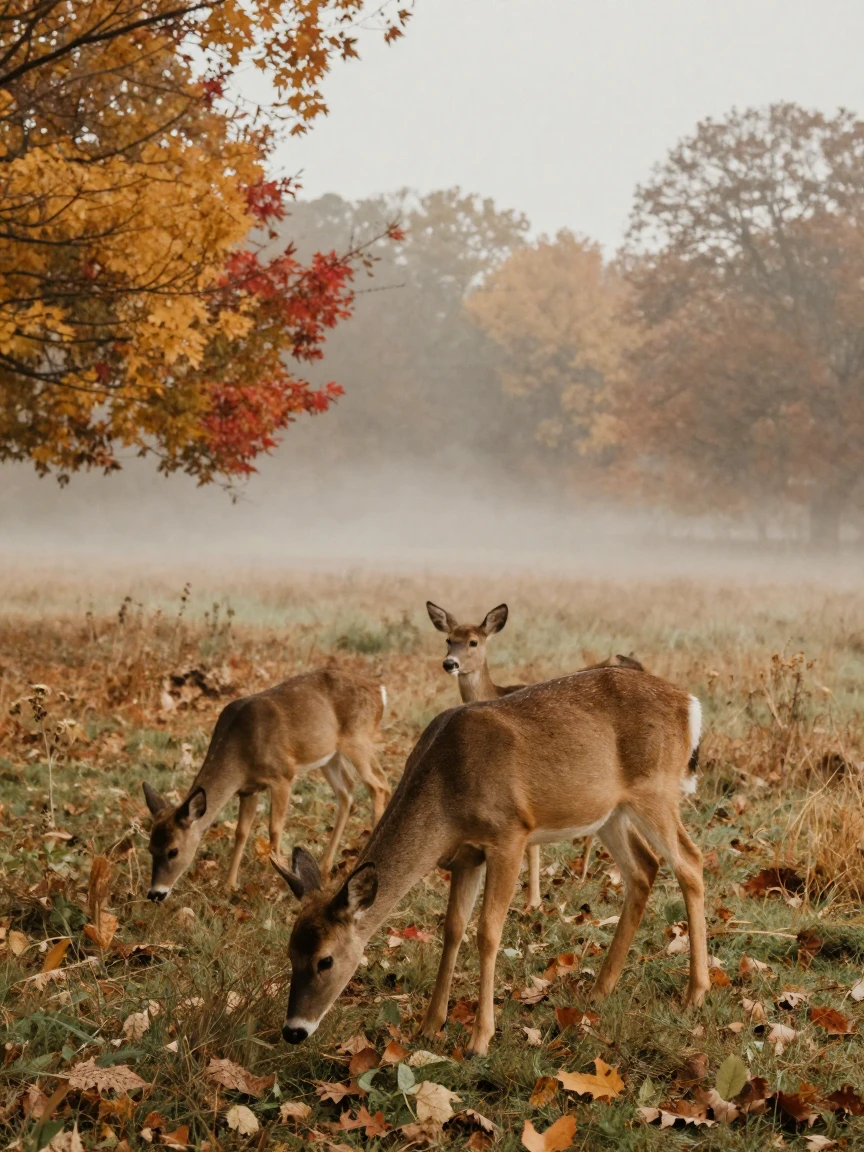 A family of deer grazing at the edge of a misty meadow, in gentle diffused daylight, as heat shimmers over the ground, as autumn leaves turn gold and red, in warm honey and cream tones, over the shoulder of the main subject.