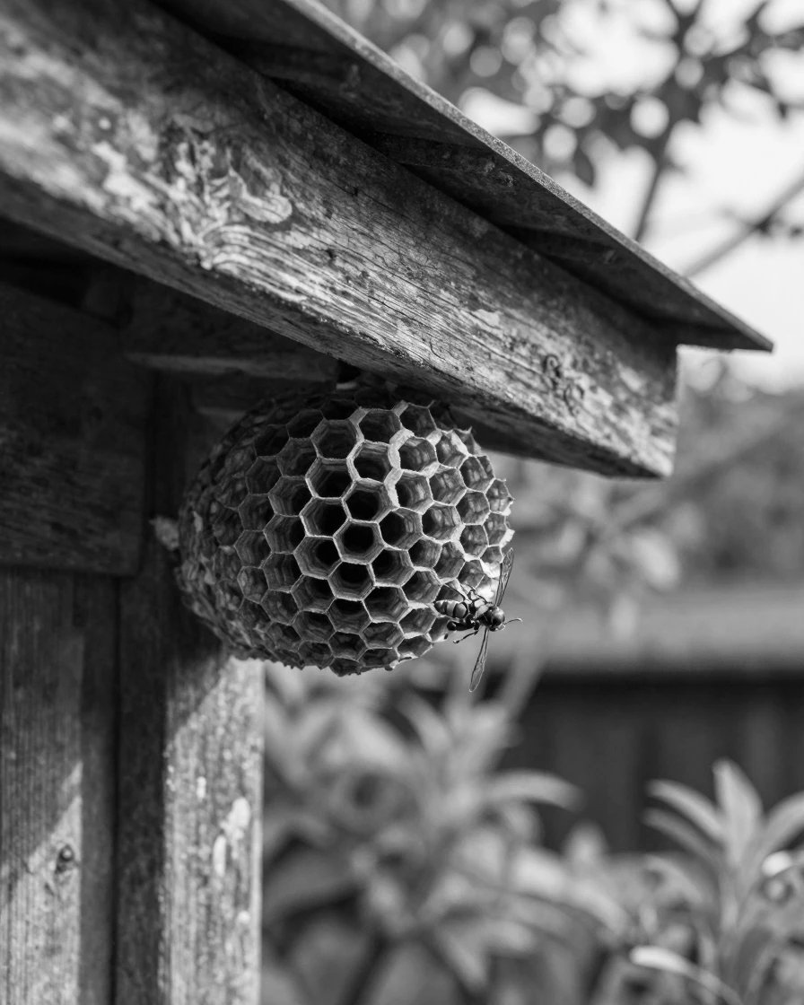 A wasp builds a papery nest under an eave in a quiet garden shed.