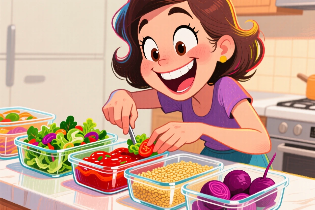 A woman meal-prepping colorful dishes lined up neatly in glass containers.
