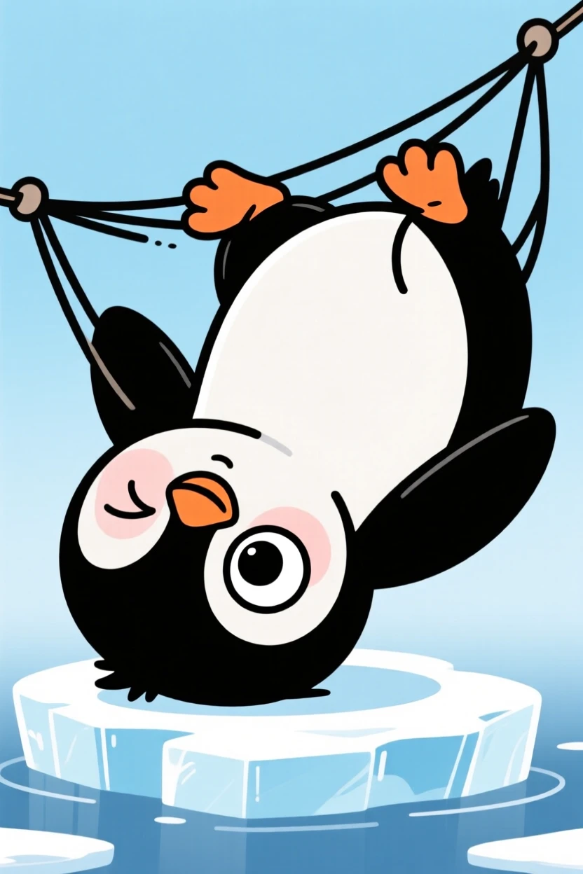 A charming animal moment featuring a wide-eyed baby penguin napping in the most improbable position imaginable, with a mischievous glint in its eye.