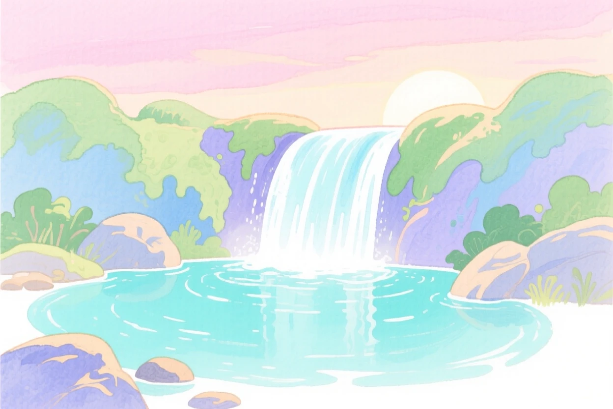 A serene landscape of a tranquil waterfall cascading into a turquoise pool under a pastel dawn sky