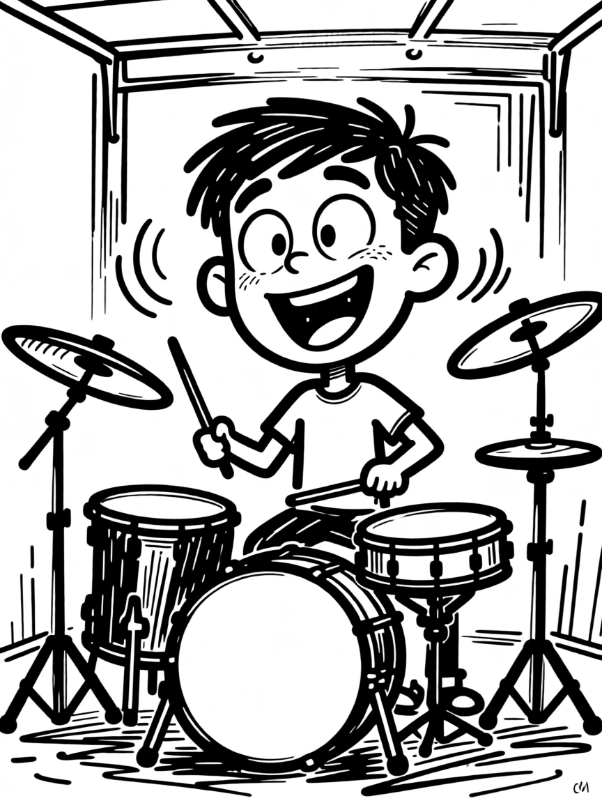 A young drummer practicing enthusiastically in a garage band, cymbals crashing.