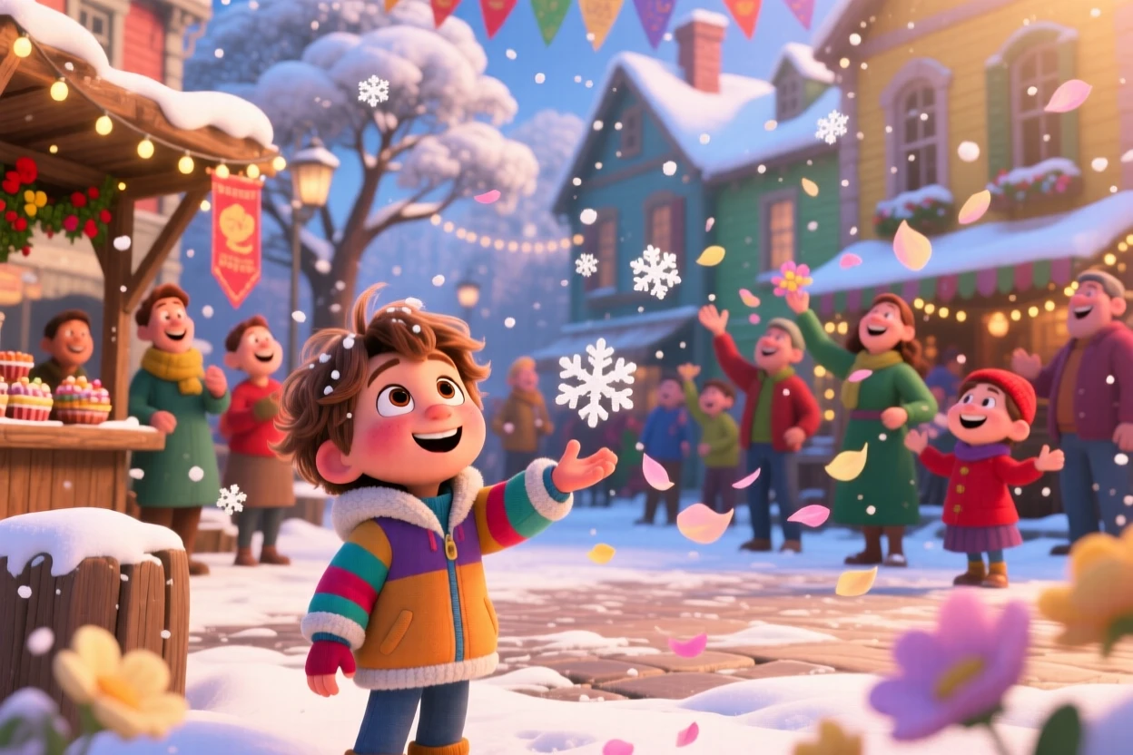 A child seeing snow for the first time unfolds at a lively community celebration, with flower petals scattered on the breeze. A heartfelt sense of happiness fills the moment.