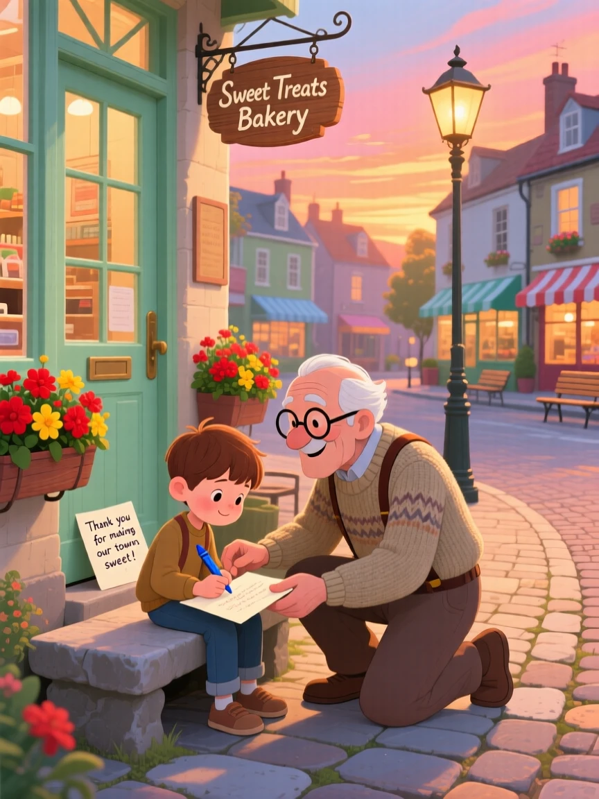 A boy and his grandfather are seen writing a kind note and leaving it on a doorstep in a small town square, while a warm glow of evening light surrounds them.