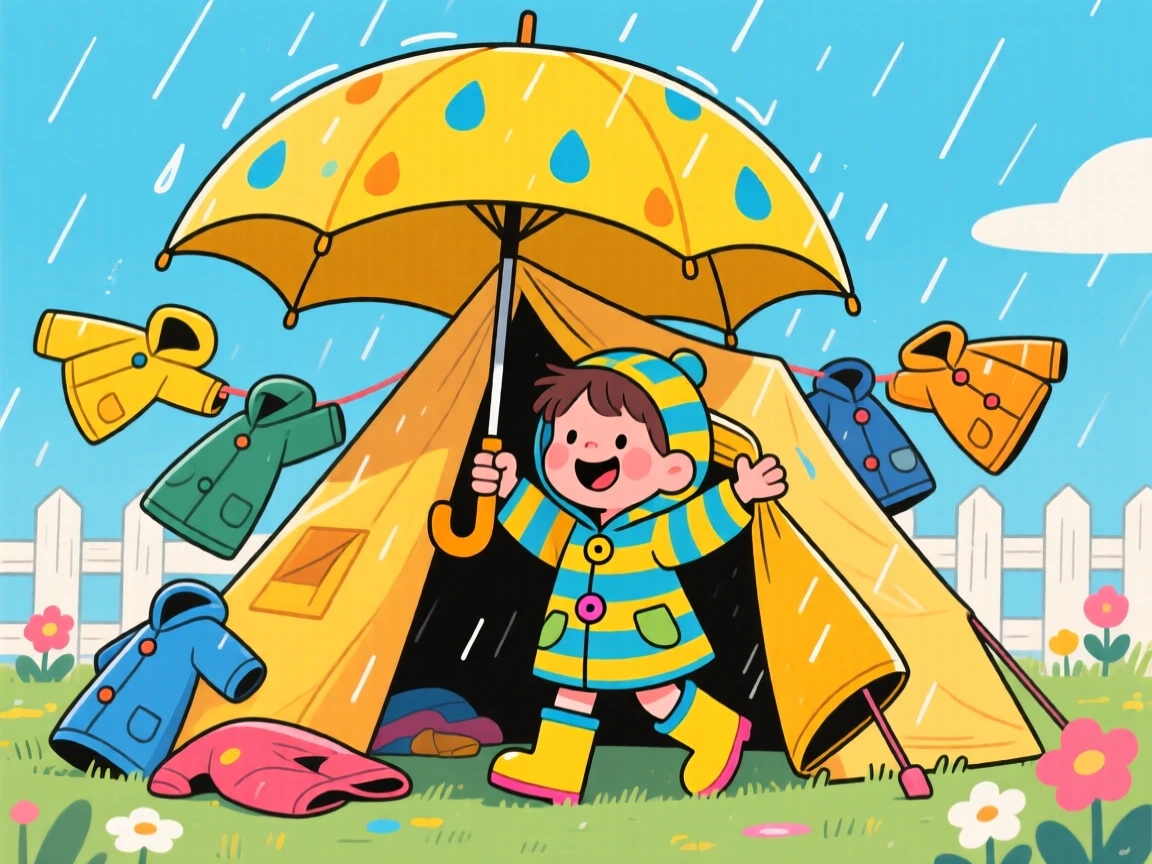 A child building a raincoat fort using an open umbrella as a roof.