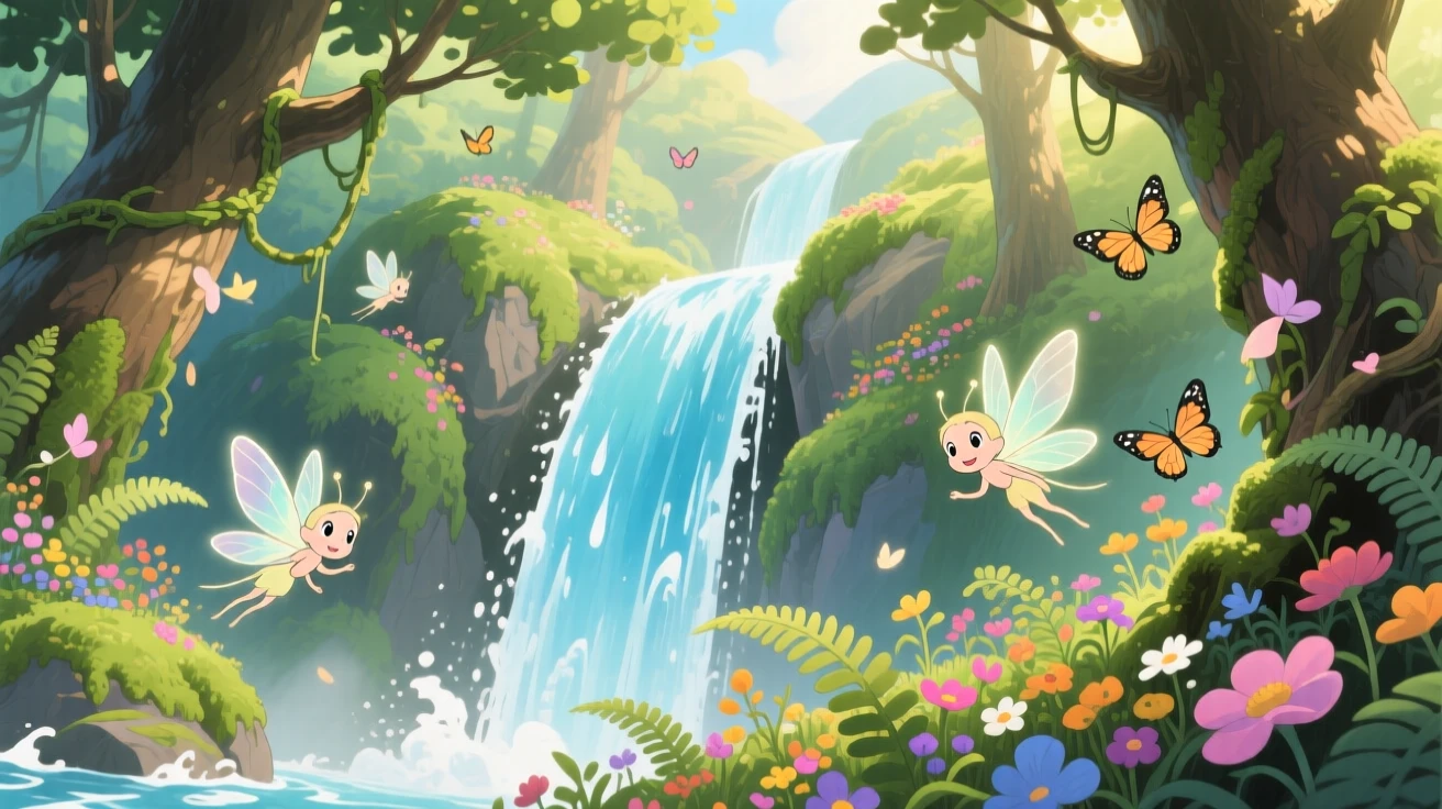 A hidden valley where waterfalls flow upward, where tiny winged spirits darting between the flowers can be seen nearby, the atmosphere whimsical and joyful.