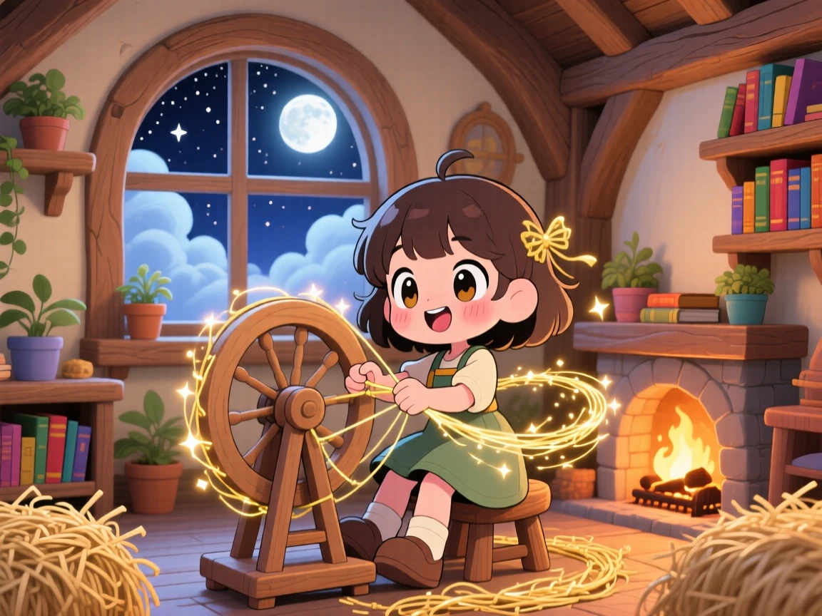 A young girl spinning straw that sparkles like gold in a cozy storybook cottage room beneath fluffy drifting clouds; soft moonlight washes over the scene as curious excitement fills the moment. Framed through a window.