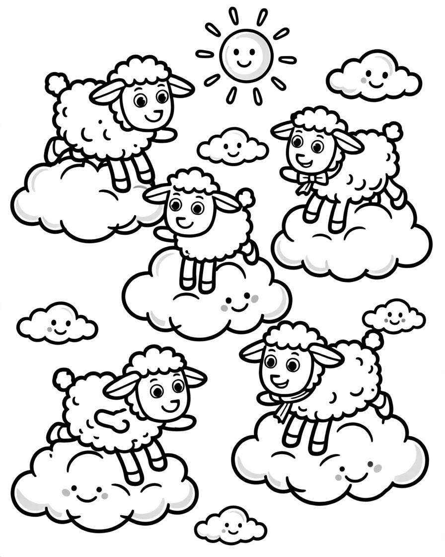 A cloud kingdom where fluffy sheep bounce on soft clouds