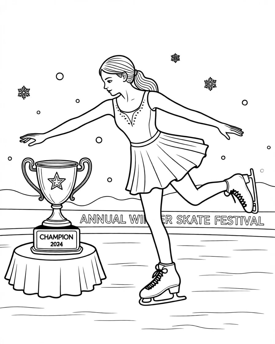 A figure skater spinning on frozen ice, with a trophy gleaming nearby.