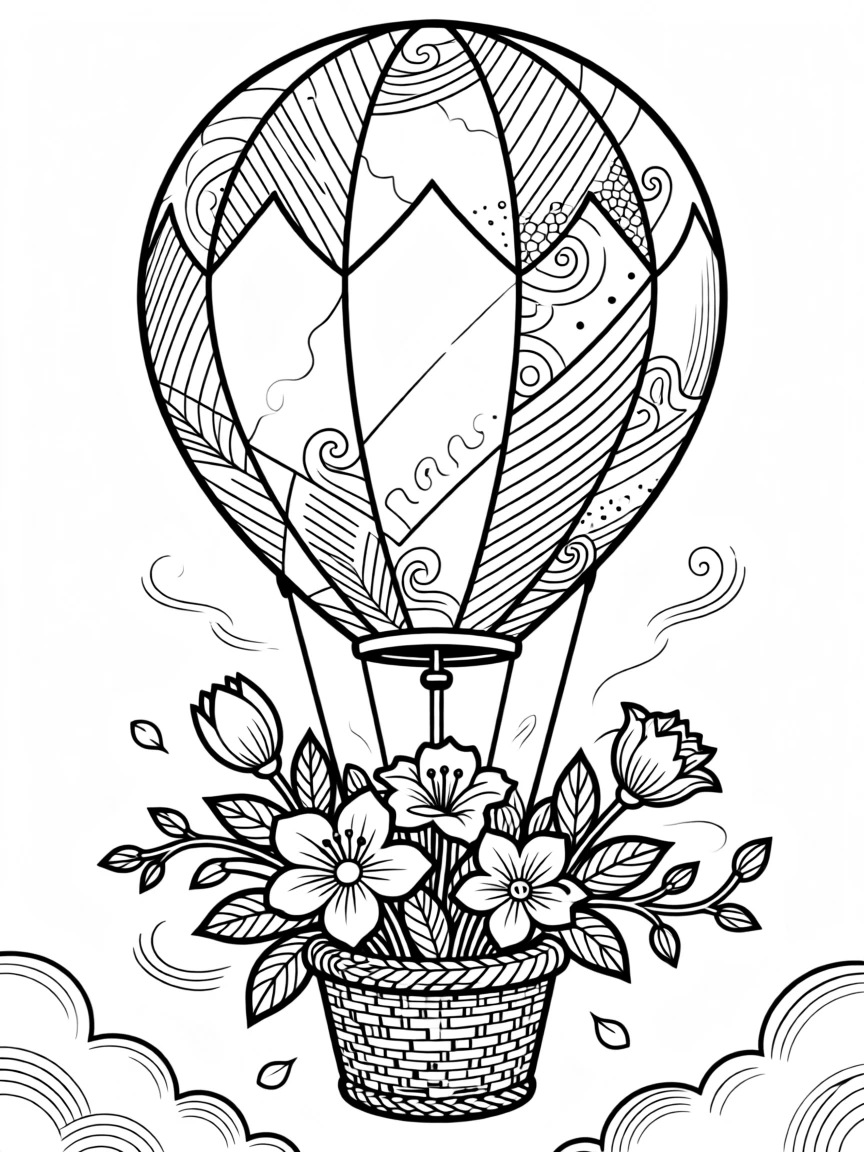 A single balloon lifting a small basket of blooming flowers skyward.