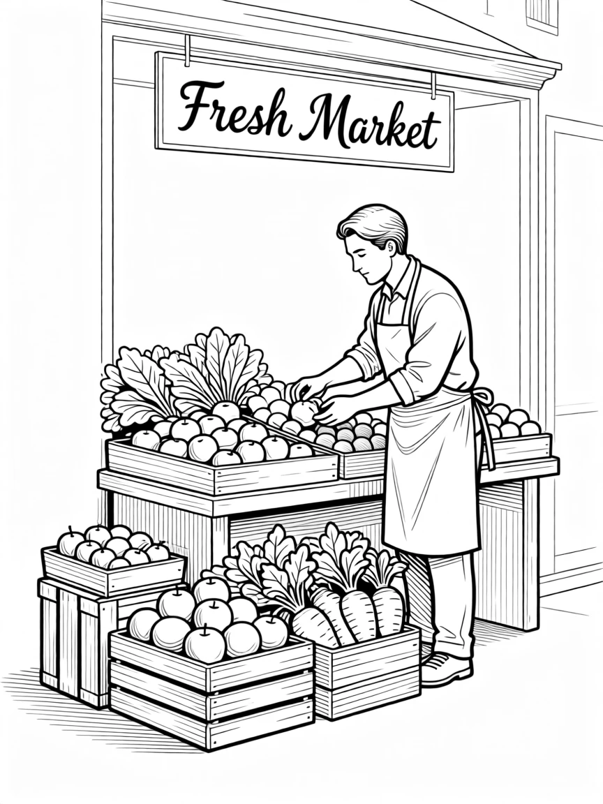 A shopkeeper arranging fresh produce at a corner market