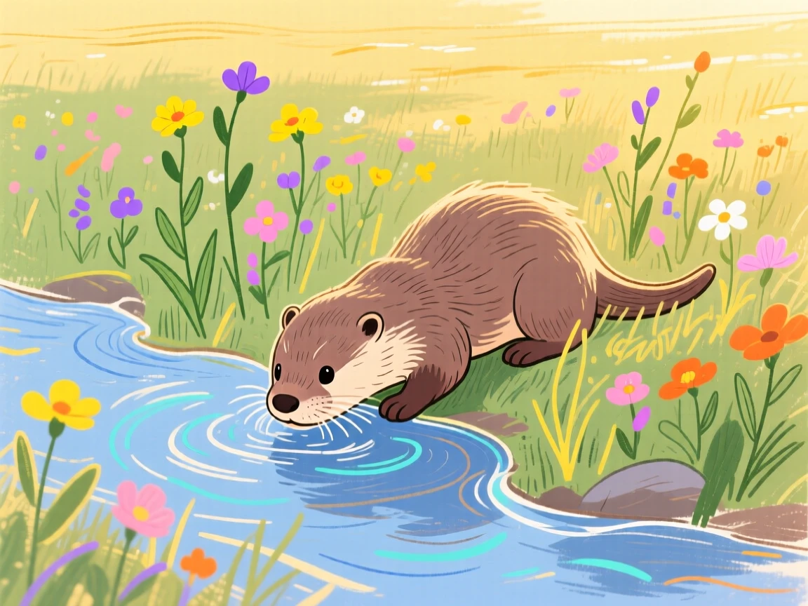A baby otter drinking from a stream near a wildflower field during golden hour.