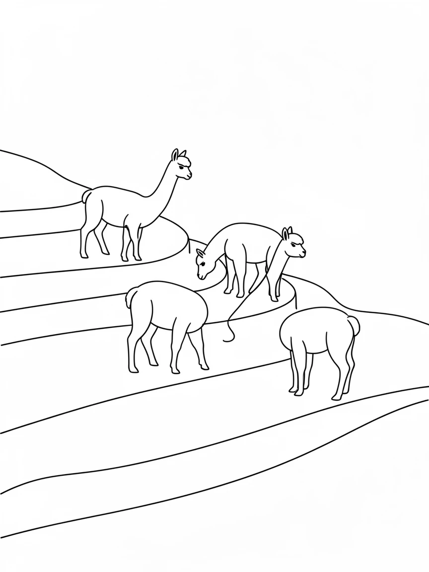 A herd of alpacas grazing on a terraced Andean hillside