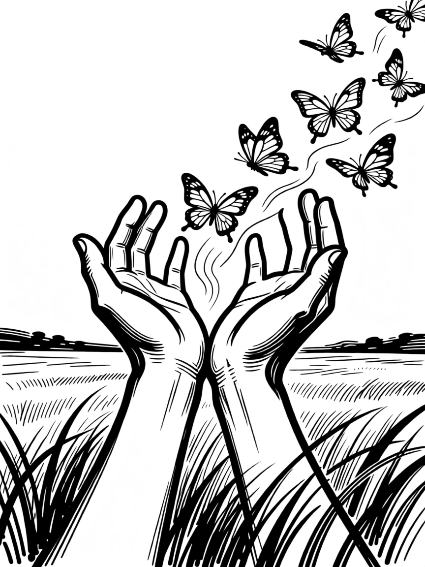 A pair of open hands releasing butterflies into a golden field.