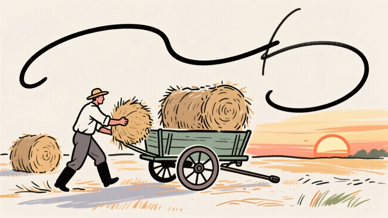 A farmer loading hay bales onto a wagon at sunset.