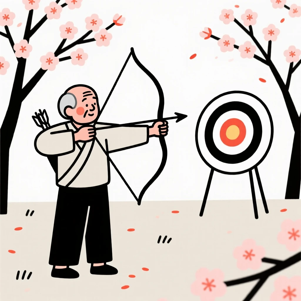 A grandfather practicing archery at an outdoor range, in a blooming cherry blossom garden.