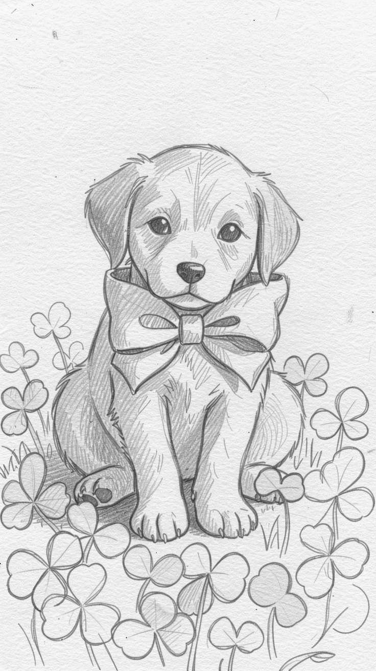 A puppy wearing an oversized bow, in a field of clover, with tiny paws tucked in close.