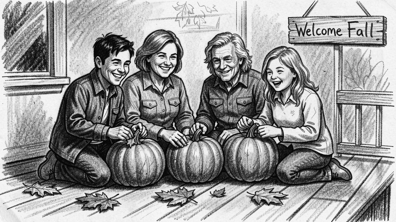 A family carving pumpkins on a porch in autumn, with everyone smiling and full of warmth.