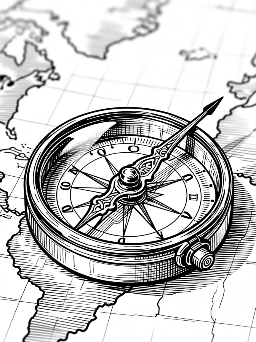A single compass resting on an old map, pointing toward new horizons.
