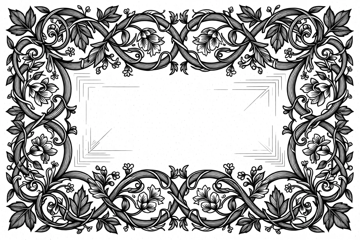 A decorative border of intertwining vines and leaves composed as a balanced repeating pattern, with tiny botanical elements woven throughout, forming a meditatively symmetrical decorative composition.
