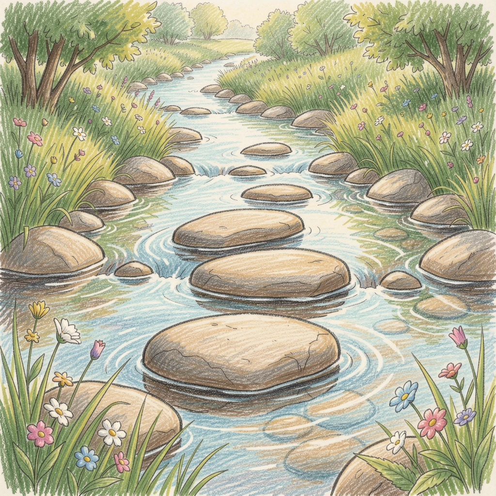 A countryside creek crossing with smooth stepping stones, framed thoughtfully to draw the eye toward the central subject, radiating comfort, joy, and quiet beauty.