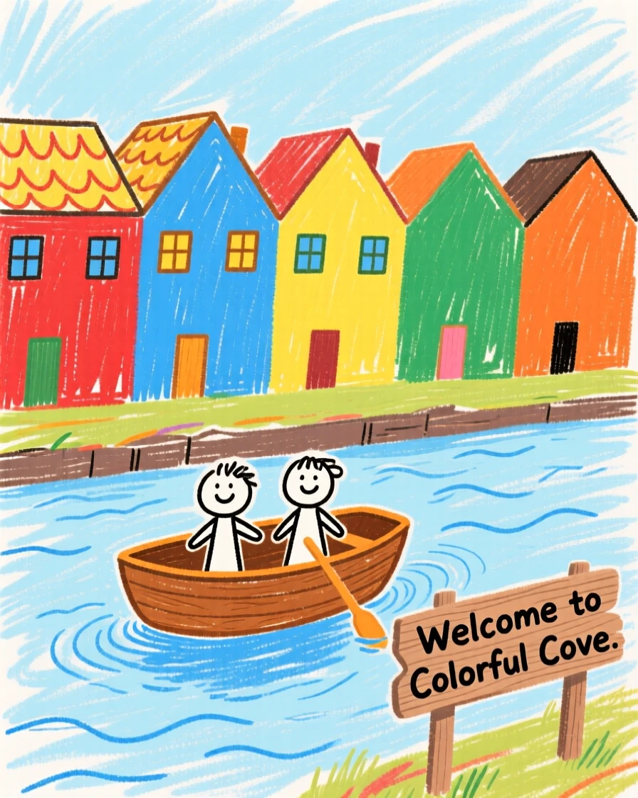 A rowboat drifting past a row of colorful houses.
